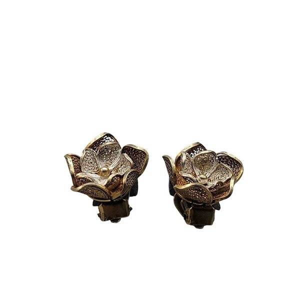 800 Silver Flower Clip On Earrings Gold Wash Two Tone Vintage - Picture 7 of 11